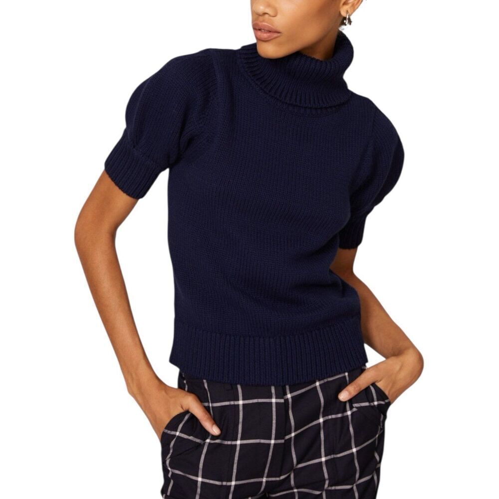 Adam Lippes Navy Blue Organic Cotton Navy Puff Sleeve Sweater S